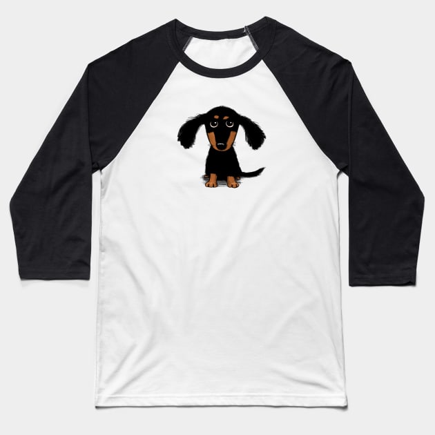 Cute Dachshund Puppy | Black and Tan Longhaired Wiener Dog Baseball T-Shirt by Coffee Squirrel